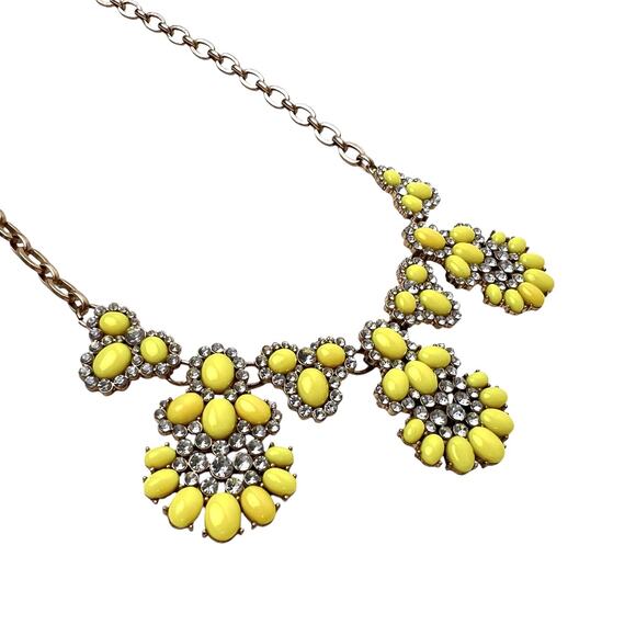 J Crew Necklace Yellow Bead Flowers Clear Rhinestones Gold Tone Chain Sparkle - Picture 8 of 11